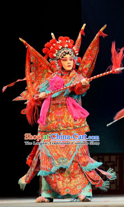 Chinese Han Opera Tao Ma Tan Garment Costumes and Headdress Traditional Hubei Hanchu Opera Female General Zhong Wuyan Apparels Red Kao Dress with Flags