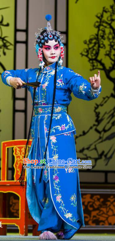 Chinese Han Opera Diva Pan Jinlian Garment Wu Song Da Dian Costumes and Headdress Traditional Hubei Hanchu Opera Young Woman Apparels Actress Blue Dress