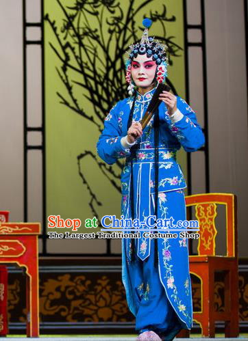 Chinese Han Opera Diva Pan Jinlian Garment Wu Song Da Dian Costumes and Headdress Traditional Hubei Hanchu Opera Young Woman Apparels Actress Blue Dress