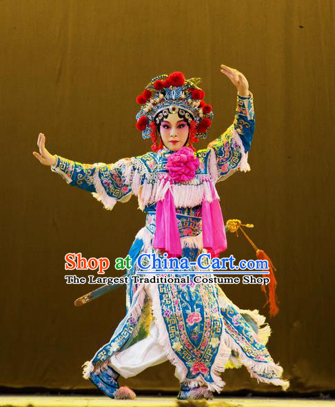 Chinese Han Opera Martial Woman Garment Hu Jia Zhuang Costumes and Headdress Traditional Hubei Hanchu Opera Actress Apparels Female Swordsman Hu Sanniang Dress