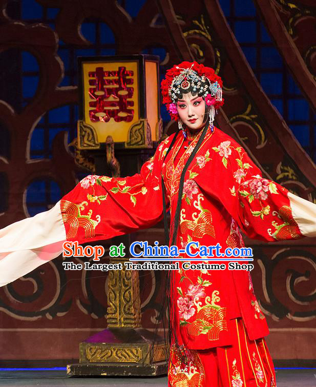 Chinese Han Opera Bride Garment Yu Zhou Feng Zhao Yanrong Costumes and Headdress Traditional Hubei Hanchu Opera Hua Tan Apparels Actress Red Dress