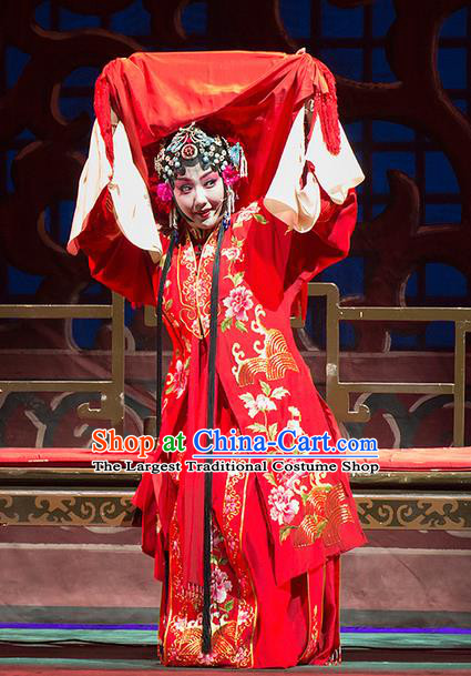 Chinese Han Opera Bride Garment Yu Zhou Feng Zhao Yanrong Costumes and Headdress Traditional Hubei Hanchu Opera Hua Tan Apparels Actress Red Dress