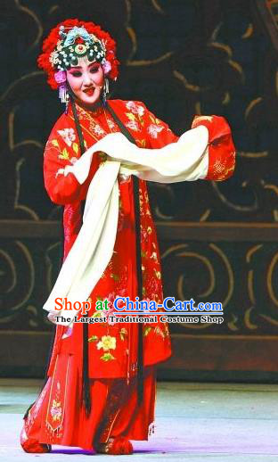 Chinese Han Opera Bride Garment Yu Zhou Feng Zhao Yanrong Costumes and Headdress Traditional Hubei Hanchu Opera Hua Tan Apparels Actress Red Dress