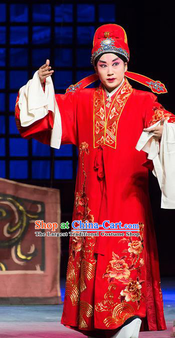 Yu Zhou Feng Chinese Hubei Hanchu Opera Xiaosheng Apparels Costumes and Headpieces Traditional Han Opera Young Male Garment Bridegroom Kuang Fu Clothing