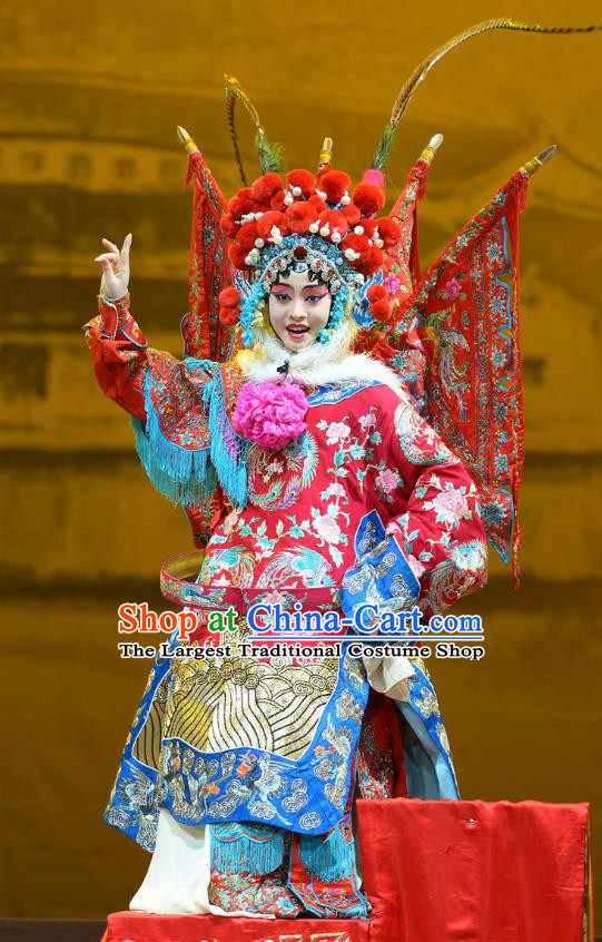 Chinese Han Opera Female General Red Kao Garment Mu Ke Zhai Costumes and Headdress Traditional Hubei Hanchu Opera Mu Guiying Apparels Tao Ma Tan Red Dress