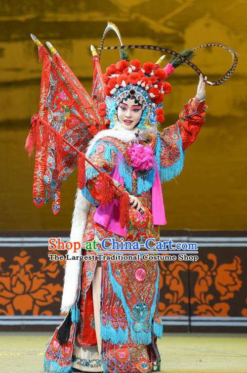 Chinese Han Opera Female General Red Kao Garment Mu Ke Zhai Costumes and Headdress Traditional Hubei Hanchu Opera Mu Guiying Apparels Tao Ma Tan Red Dress
