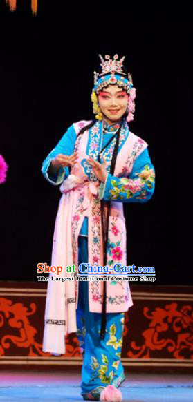 Chinese Han Opera Xiaodan Garment Hua Deng An Costumes and Headdress Traditional Hubei Hanchu Opera Maid Lady Apparels Servant Girl Dress