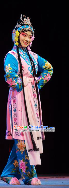 Chinese Han Opera Xiaodan Garment Hua Deng An Costumes and Headdress Traditional Hubei Hanchu Opera Maid Lady Apparels Servant Girl Dress