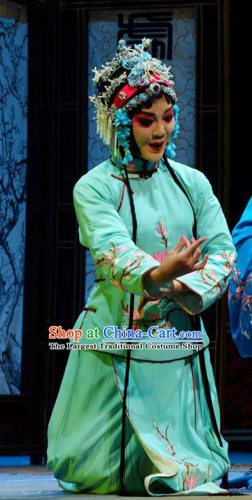 Chinese Han Opera Actress Chen Caifeng Garment Hua Deng An Costumes and Headdress Traditional Hubei Hanchu Opera Hua Tan Apparels Young Beauty Green Dress