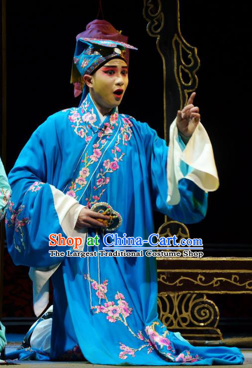 Hua Deng An Chinese Hubei Hanchu Opera Niche Apparels Costumes and Headpieces Traditional Han Opera Xiaosheng Garment Scholar Wang Daru Blue Robe Clothing