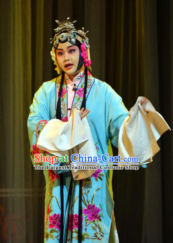 Chinese Han Opera Hua Tan Liu Yuyan Garment Hua Tian Ba Cuo Costumes and Headdress Traditional Hubei Hanchu Opera Young Beauty Apparels Diva Blue Dress