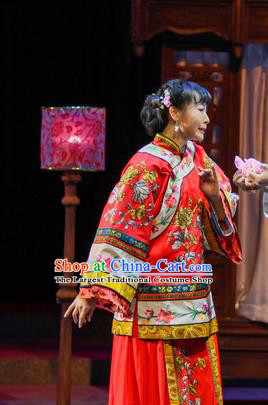 Chinese Han Opera Hua Tan Wedding Garment Shi Niang Costumes and Headdress Traditional Hubei Hanchu Opera Young Female Apparels Bride Red Dress