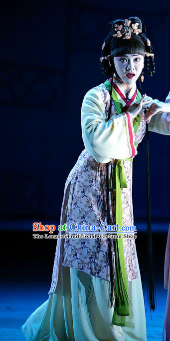 Chinese Han Opera Maid Lady Ying Chun Garment Jin Lian Costumes and Headdress Traditional Hubei Hanchu Opera Servant Girl Apparels Xiaodan Dress