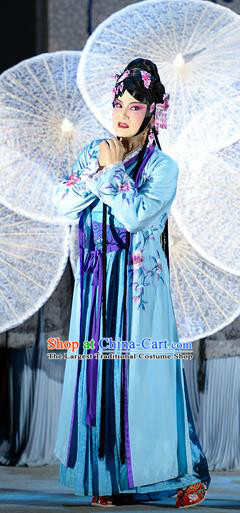 Chinese Han Opera Actress Pan Jinlian Garment Jin Lian Costumes and Headdress Traditional Hubei Hanchu Opera Diva Apparels Young Mistress Blue Dress