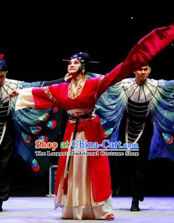 Chinese Han Opera Diva Garment Butterfly Dream Costumes and Headdress Traditional Hubei Hanchu Opera Young Woman Apparels Actress Red Dress