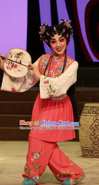 Chinese Cantonese Opera Maid Lady Chun Xiang Garment The Peony Pavilion Costumes and Headdress Traditional Guangdong Opera Servant Girl Apparels Xiaodan Dress