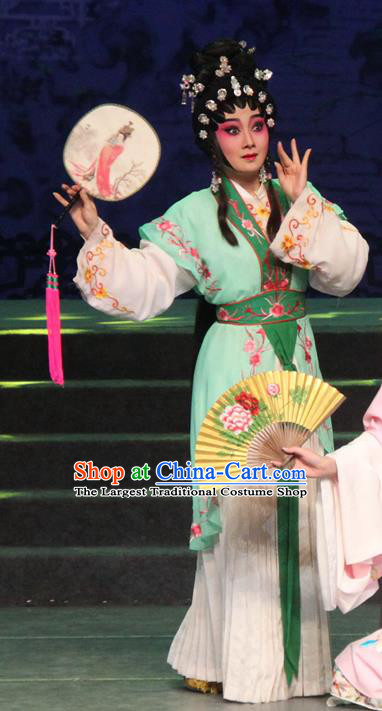 Chinese Cantonese Opera Servant Girl Garment The Peony Pavilion Costumes and Headdress Traditional Guangdong Opera Xiaodan Apparels Chun Xiang Green Dress