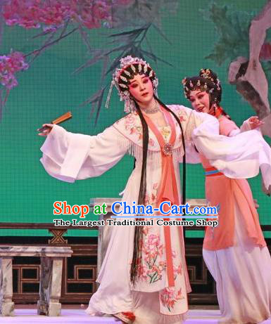 Chinese Cantonese Opera Rich Lady Garment The Peony Pavilion Costumes and Headdress Traditional Guangdong Opera Hua Tan Apparels Diva Du Liniang White Dress