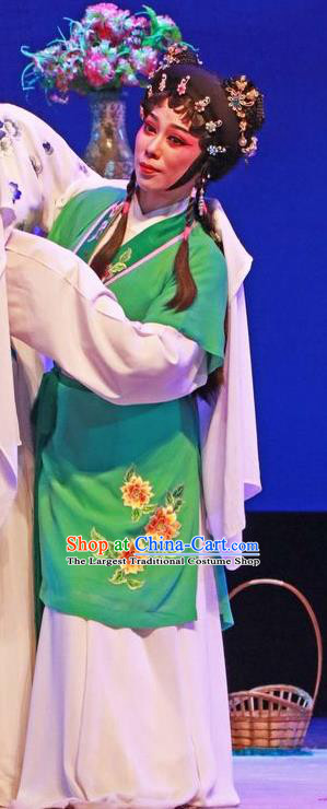 Chinese Cantonese Opera Maid Lady Garment The Peony Pavilion Costumes and Headdress Traditional Guangdong Opera Xiaodan Apparels Chun Xiang Green Dress