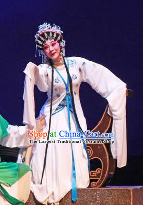 Chinese Cantonese Opera Actress Du Liniang Garment The Peony Pavilion Costumes and Headdress Traditional Guangdong Opera Young Female Apparels Distress Maiden Dress