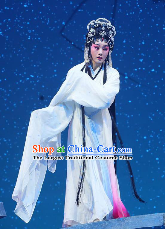 Chinese Cantonese Opera Young Woman Garment The Fairy Tale of White Snake Costumes and Headdress Traditional Guangdong Opera Hua Tan Apparels Diva Bai Suzhen Dress