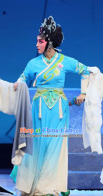 Chinese Cantonese Opera Young Lady Garment The Fairy Tale of White Snake Costumes and Headdress Traditional Guangdong Opera Xiaodan Apparels Diva Xiao Qing Blue Dress