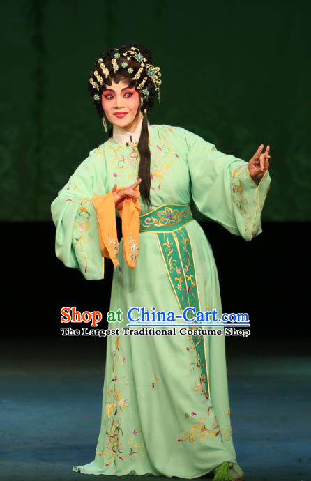 Chinese Cantonese Opera Xiaodan Garment The Fairy Tale of White Snake Xiao Qing Costumes and Headdress Traditional Guangdong Opera Young Lady Apparels Green Dress