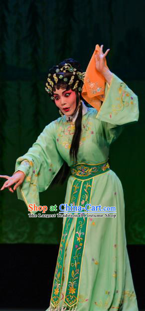 Chinese Cantonese Opera Xiaodan Garment The Fairy Tale of White Snake Xiao Qing Costumes and Headdress Traditional Guangdong Opera Young Lady Apparels Green Dress
