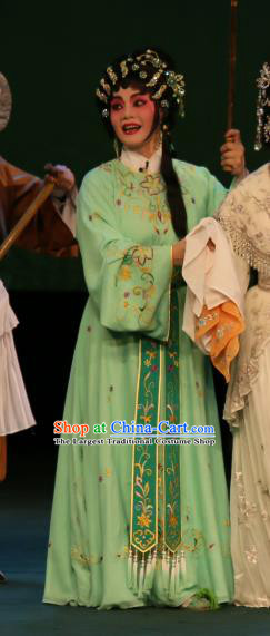 Chinese Cantonese Opera Xiaodan Garment The Fairy Tale of White Snake Xiao Qing Costumes and Headdress Traditional Guangdong Opera Young Lady Apparels Green Dress