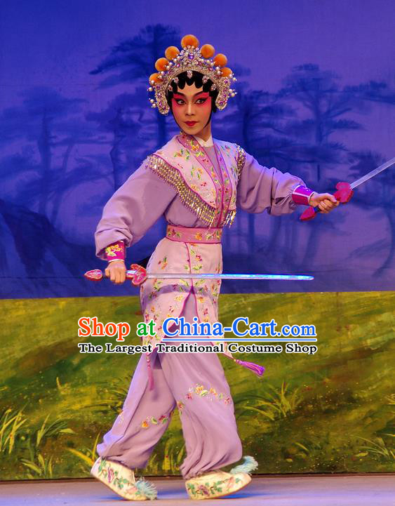 Chinese Cantonese Opera Wudan Garment Costumes and Headdress Traditional Guangdong Opera Swordswoman Apparels Martial Female Purple Dress