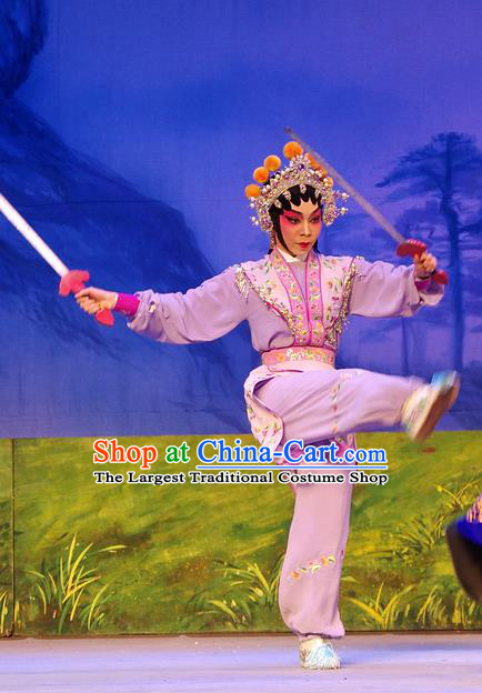 Chinese Cantonese Opera Wudan Garment Costumes and Headdress Traditional Guangdong Opera Swordswoman Apparels Martial Female Purple Dress