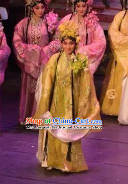 Chinese Cantonese Opera Actress Garment Hua Yue Ying Costumes and Headdress Traditional Guangdong Opera Hua Tan Du Caiwei Apparels Young Beauty Dress