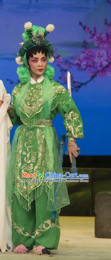 Chinese Cantonese Opera Swordswoman Garment The Fairy Tale of White Snake Costumes and Headdress Traditional Guangdong Opera Martial Female Apparels Xiao Qing Green Dress