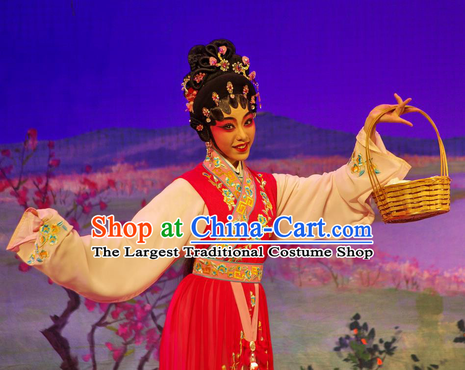 Chinese Cantonese Opera Hua Tan Garment Costumes and Headdress Traditional Guangdong Opera Young Beauty Apparels Village Girl Red Dress