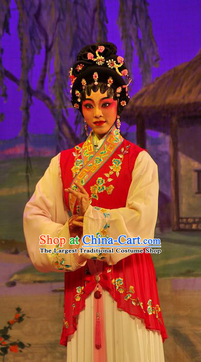 Chinese Cantonese Opera Hua Tan Garment Costumes and Headdress Traditional Guangdong Opera Young Beauty Apparels Village Girl Red Dress