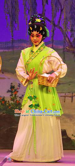 Chinese Cantonese Opera Hua Tan Garment Costumes and Headdress Traditional Guangdong Opera Young Beauty Apparels Village Girl Green Dress