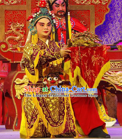 Chinese Guangdong Opera Martial Male Armor Apparels Costumes and Headpieces Traditional Cantonese Opera Wusheng Garment Soldier Clothing