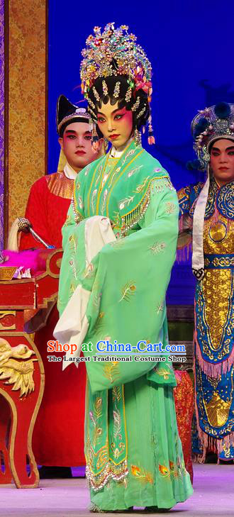 Chinese Cantonese Opera Hua Tan Zheng Dan Garment Costumes and Headdress Traditional Guangdong Opera Imperial Consort Apparels Court Woman Green Dress