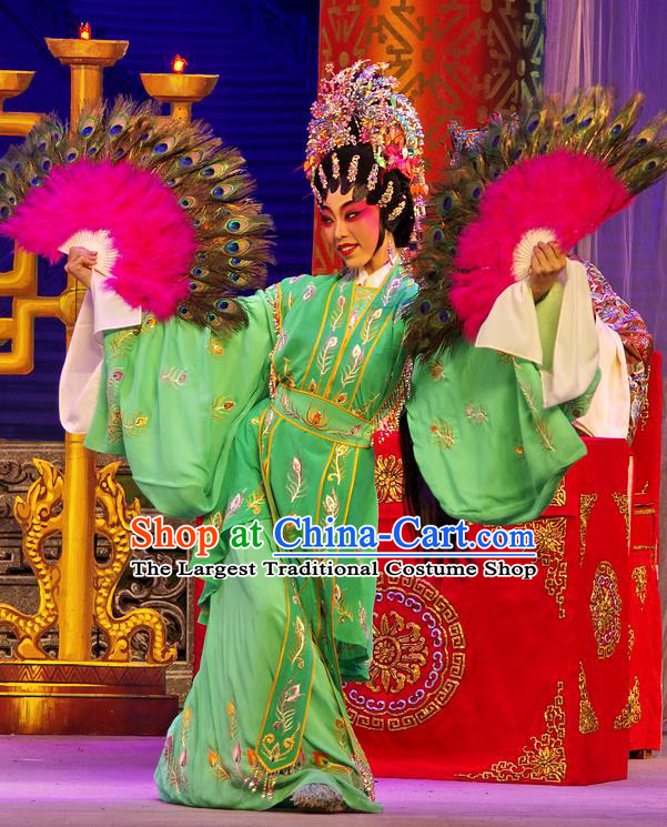 Chinese Cantonese Opera Hua Tan Zheng Dan Garment Costumes and Headdress Traditional Guangdong Opera Imperial Consort Apparels Court Woman Green Dress