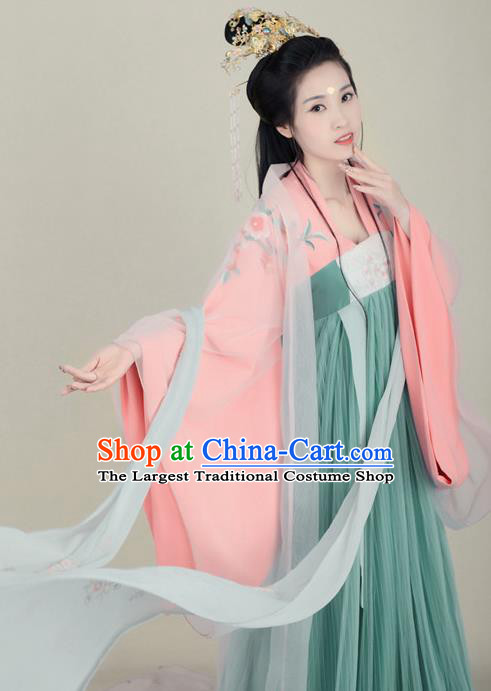 Chinese Traditional Tang Dynasty Royal Princess Hanfu Dress Apparels Ancient Palace Lady Historical Costumes and Headpieces Complete Set