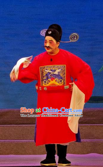 Qian Tang Su Xiaoxiao Chinese Guangdong Opera Magistrate Apparels Costumes and Headpieces Traditional Cantonese Opera Clown Garment Official Red Clothing