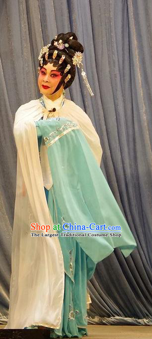 Chinese Cantonese Opera Actress Garment Qian Tang Su Xiaoxiao Costumes and Headdress Traditional Guangdong Opera Courtesan Apparels Hua Tan Green Dress