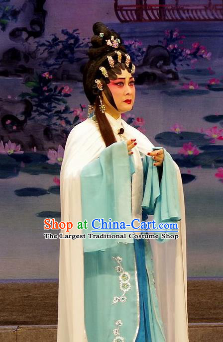 Chinese Cantonese Opera Actress Garment Qian Tang Su Xiaoxiao Costumes and Headdress Traditional Guangdong Opera Courtesan Apparels Hua Tan Green Dress