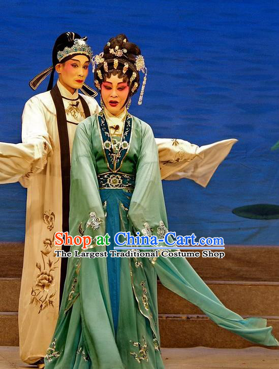 Chinese Cantonese Opera Actress Garment Qian Tang Su Xiaoxiao Costumes and Headdress Traditional Guangdong Opera Courtesan Apparels Hua Tan Green Dress