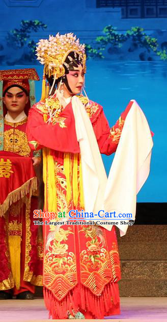 Chinese Cantonese Opera Bride Garment Legend of Lun Wenxu Costumes and Headdress Traditional Guangdong Opera Hua Tan Apparels Wedding Red Dress