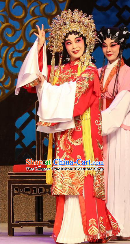 Chinese Cantonese Opera Bride Garment Legend of Lun Wenxu Costumes and Headdress Traditional Guangdong Opera Hua Tan Apparels Wedding Red Dress