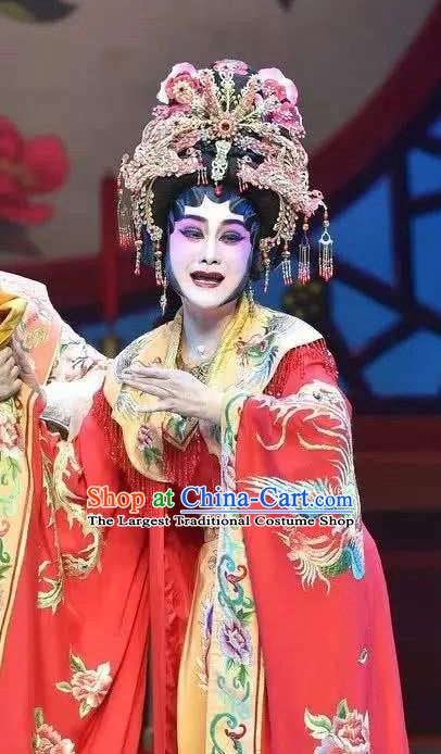Chinese Cantonese Opera Young Female Garment Southern Tang Emperor Costumes and Headdress Traditional Guangdong Opera Hua Tan Apparels Empress Zhou Red Dress