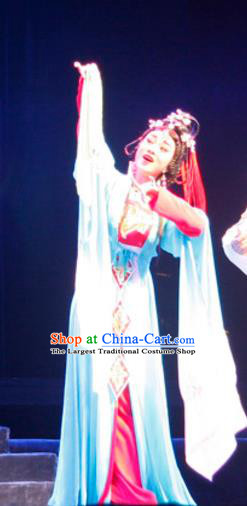 Chinese Cantonese Opera Diva Garment Empress Zhou the Lesser Costumes and Headdress Traditional Guangdong Opera Queen Apparels Hua Tan Blue Dress