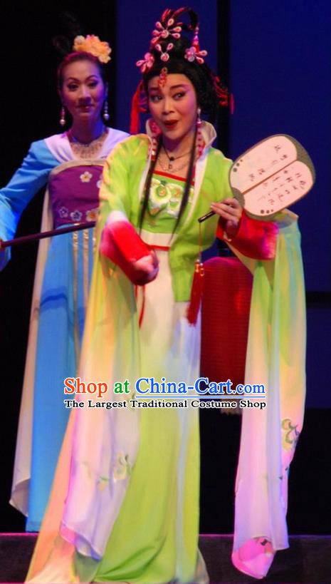Chinese Cantonese Opera Hua Tan Garment Empress Zhou the Lesser Costumes and Headdress Traditional Guangdong Opera Queen Apparels Diva Green Dress