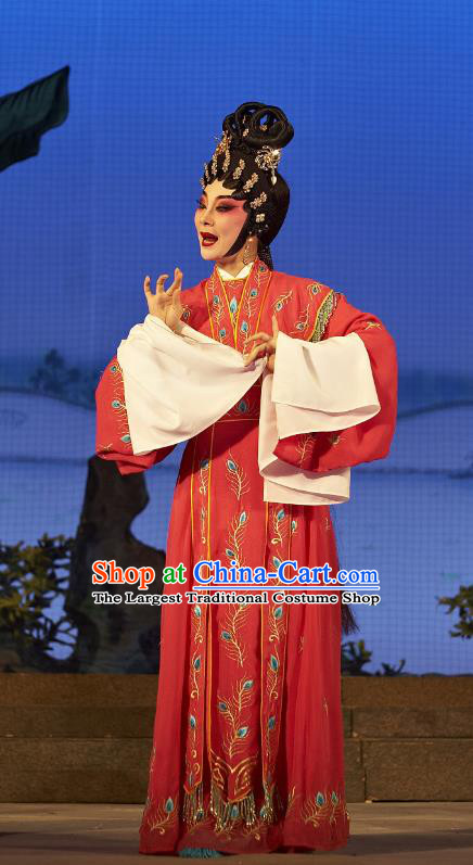 Chinese Cantonese Opera Young Female Garment Legend of Lun Wenxu Costumes and Headdress Traditional Guangdong Opera Hua Tan Apparels Rich Lady Red Dress